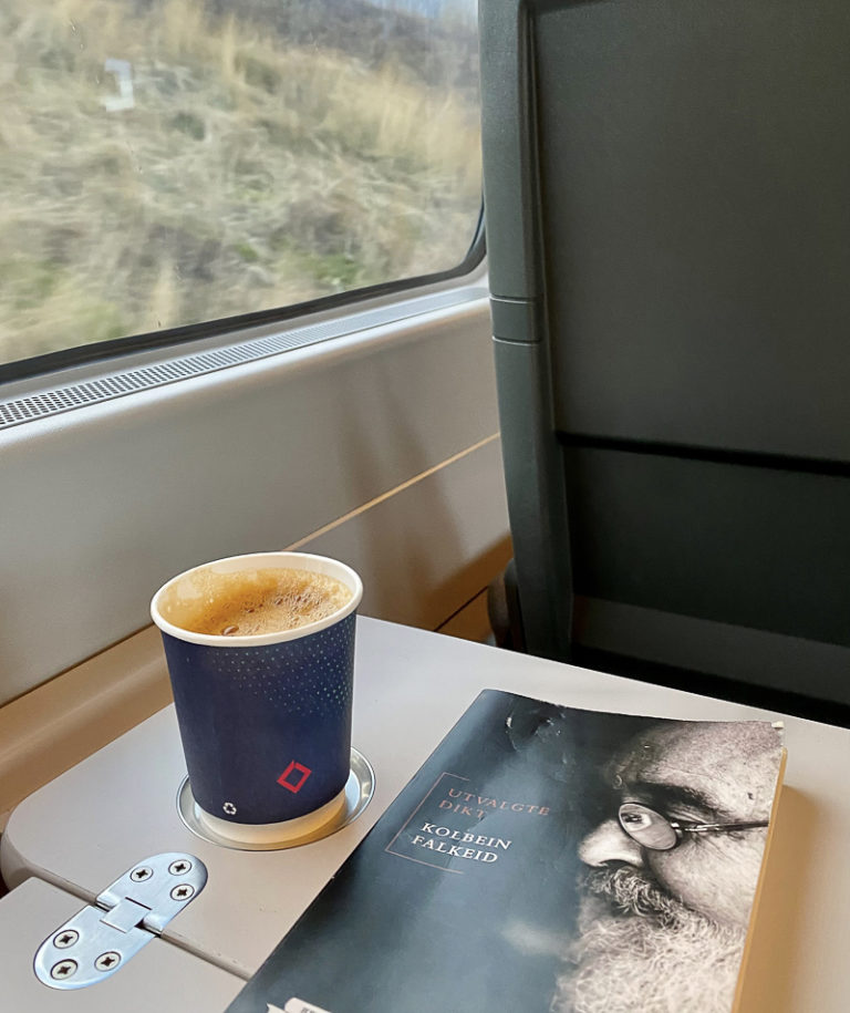 Coffee and poetry as the landscape passes the Nordland Reailway. Photo: Kathrine Sørgård / nordnorge.prod.dekodes.no