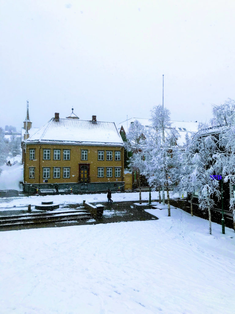 Bilde av torget tatt en aprildag i 2020 fra en snøhaug. På grunn av pandemien var nesten ingen ute © Knut Hansvold