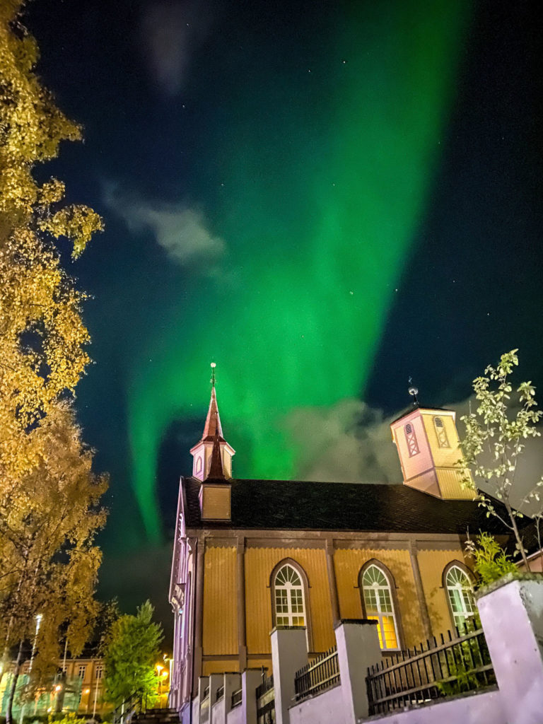 The Vår Frue (Our Lady) Cathedral is the world's northernmost, here lit by the Northern Lights © Knut Hansvold / nordnorge.prod.dekodes.no / Tromsø