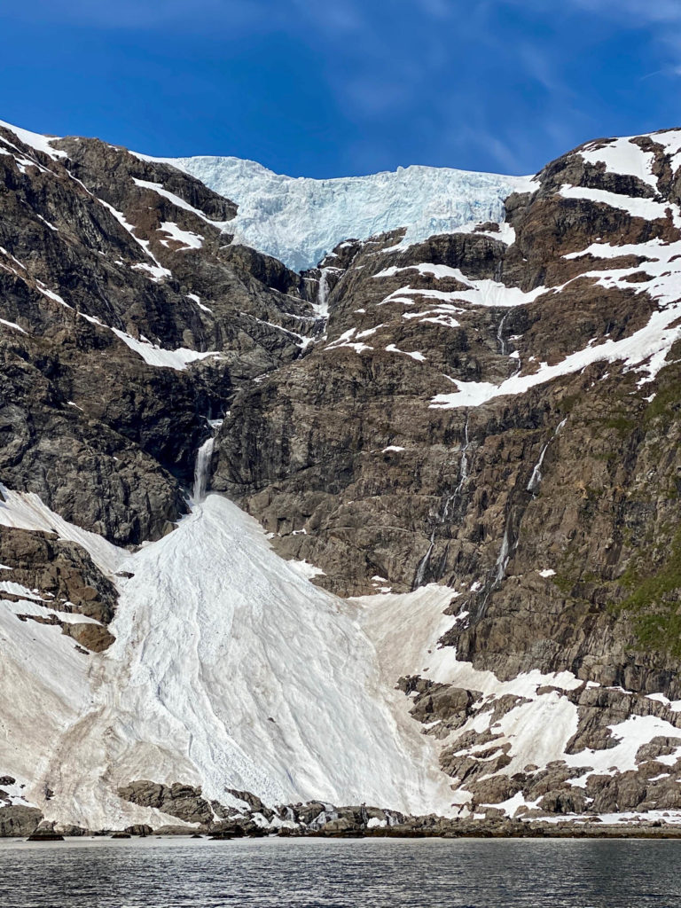 Baby blue ice on top, and the "Nerisen" ("Lower ice") is coloured by gravel from the main glacier © Explore 70 Degrees
